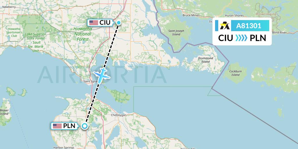 A81301 Aerolink Uganda Flight Map: Sault Sainte Marie to Pellston