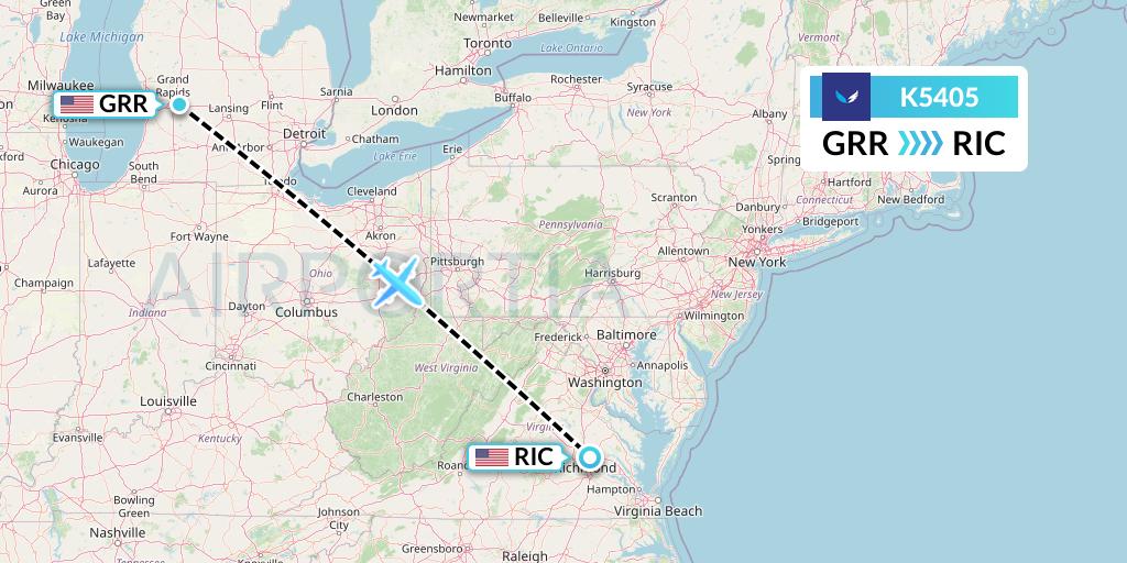 K5405 SeaPort Airlines Flight Map: Grand Rapids to Richmond