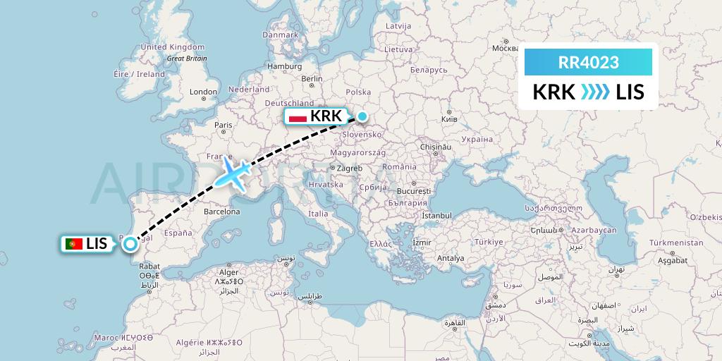 RR4023 Royal Air Force Flight Map: Krakow to Lisbon
