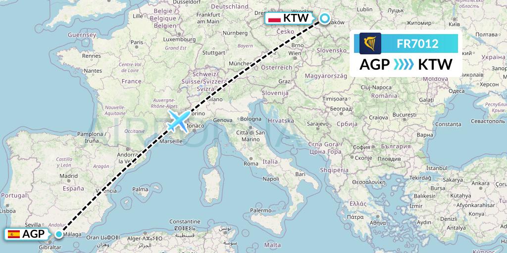 FR7012 Ryanair Flight Map: Malaga to Katowice