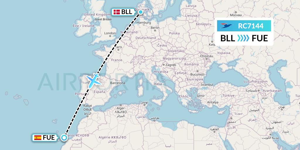 RC7144 Atlantic Airways Flight Map: Billund to Fuerteventura