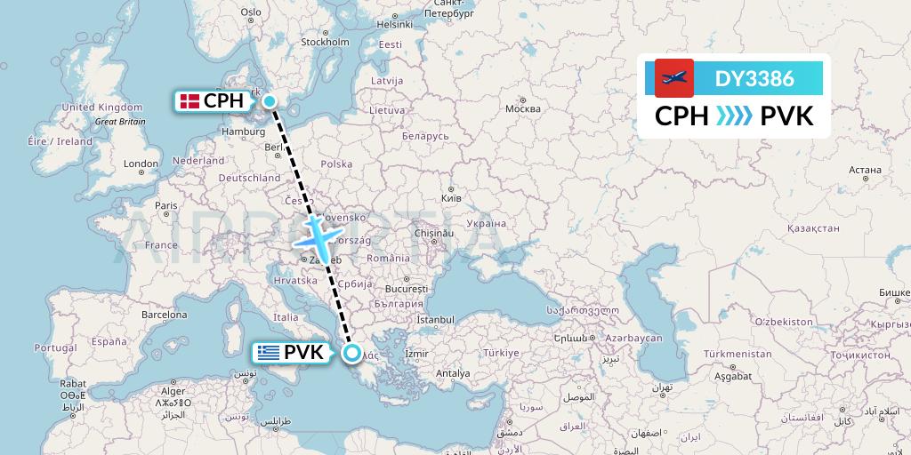 DY3386 Norwegian Flight Map: Copenhagen to Preveza