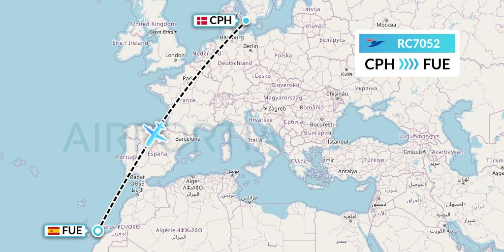 RC7052 Atlantic Airways Flight Map: Copenhagen to Fuerteventura