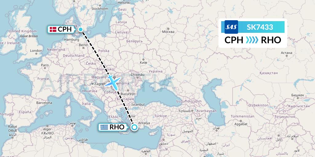 SK7433 SAS Flight Map: Copenhagen to Rhodes