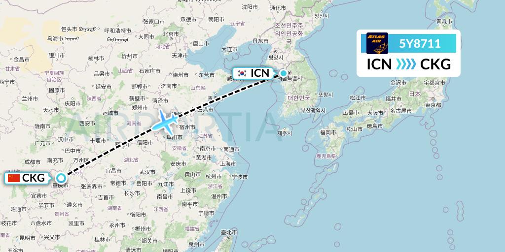 5Y8711 Atlas Air Flight Map: Seoul to Chongqing