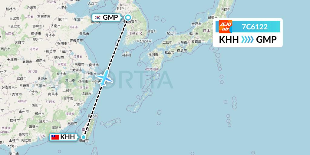 7C6122 Jeju Air Flight Map: Kaohsiung to Seoul