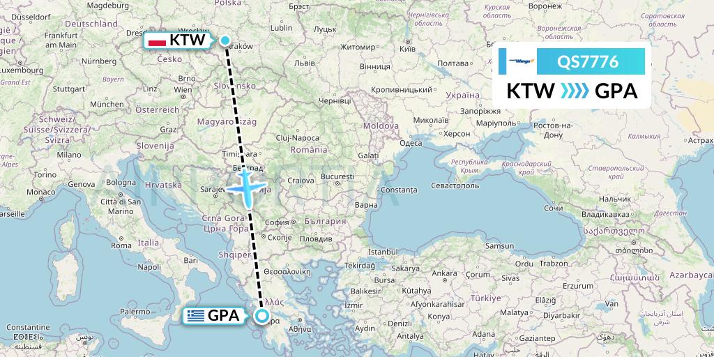 QS7776 Smartwings Flight Map: Katowice to Patras