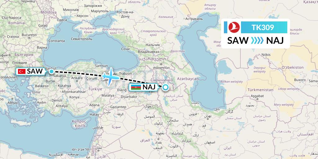 TK309 Turkish Airlines Flight Map: Istanbul to Nakhchivan