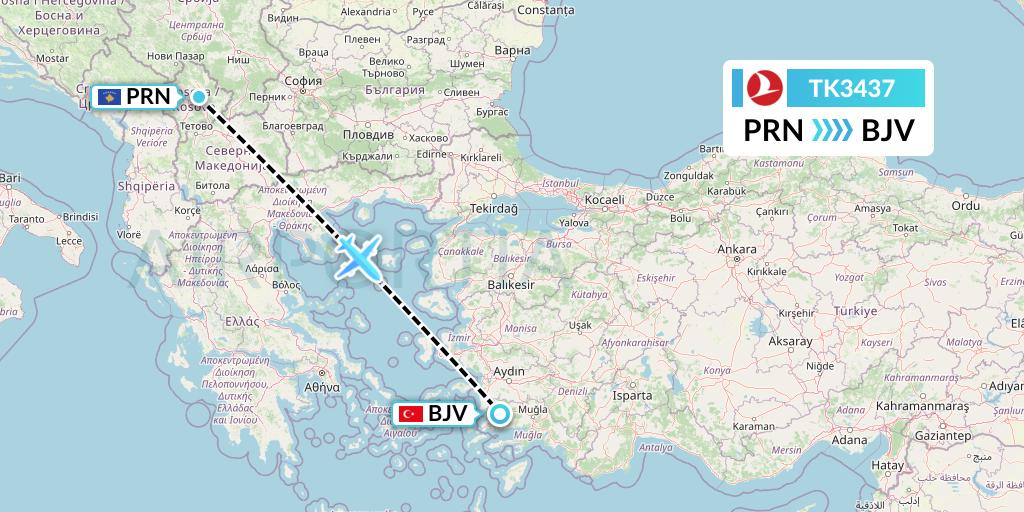 TK3437 Turkish Airlines Flight Map: Pristina to Bodrum