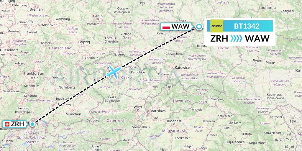 BT1342 Air Baltic Flight Map: Zurich to Warsaw