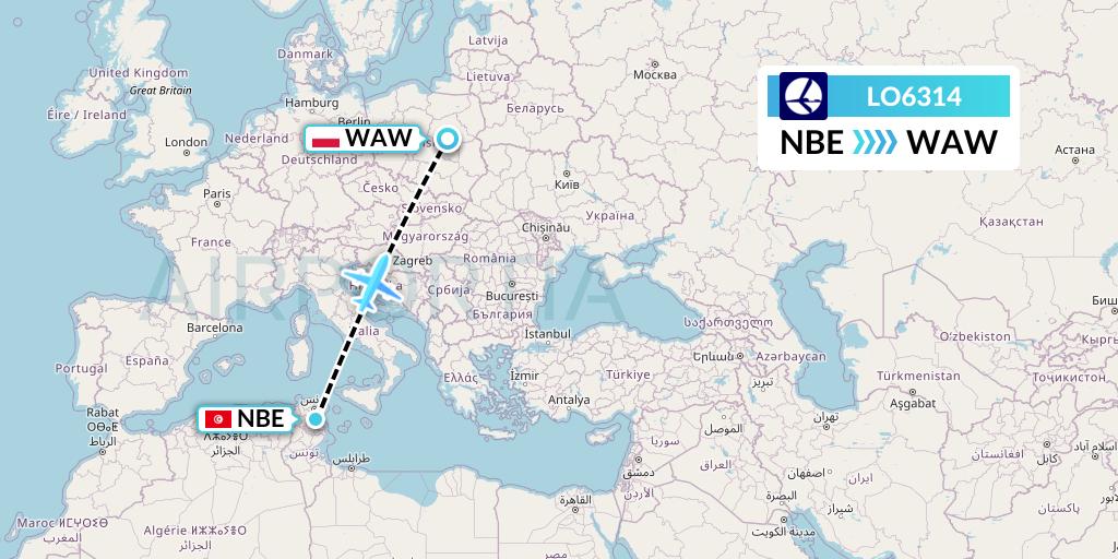 LO6314 LOT Flight Map: Enfidha to Warsaw