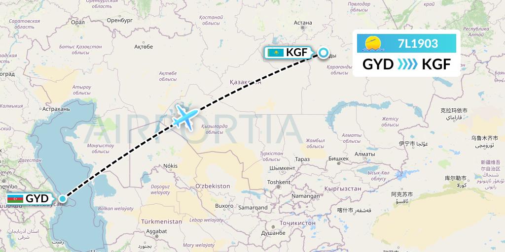 7L1903 Silk Way West Airlines Flight Map: Baku to Karaganda