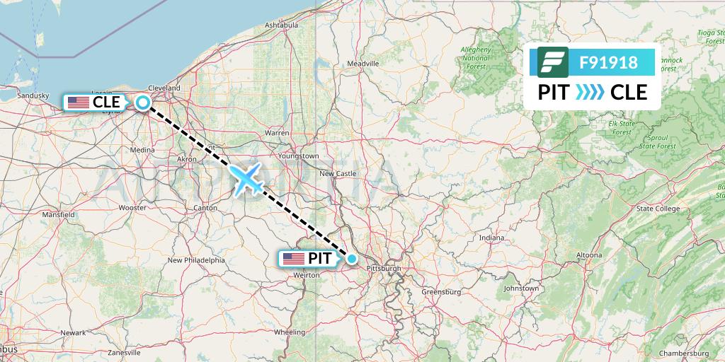 F91918 Frontier Airlines Flight Map: Pittsburgh to Cleveland