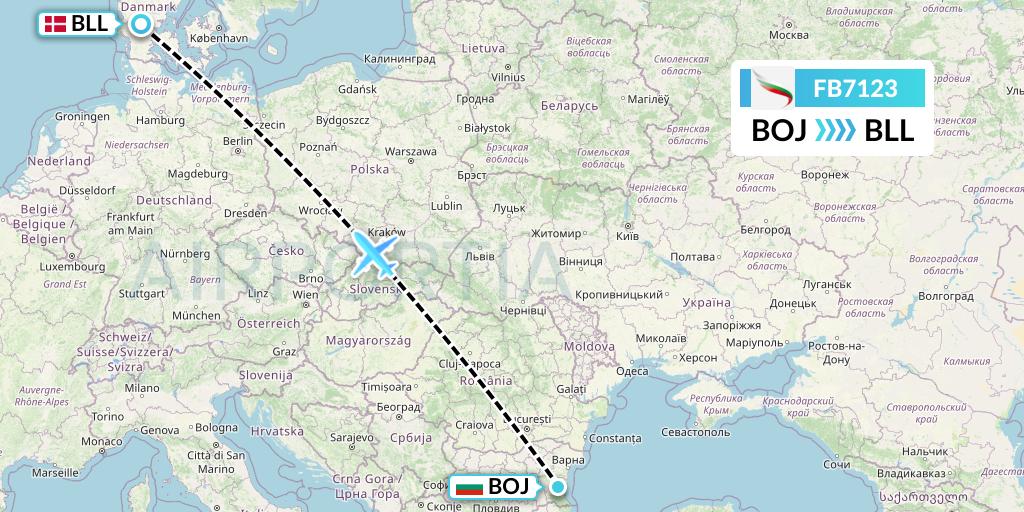 FB7123 Bulgaria Air Flight Map: Burgas to Billund