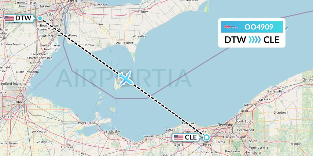OO4909 SkyWest Airlines Flight Map: Detroit to Cleveland