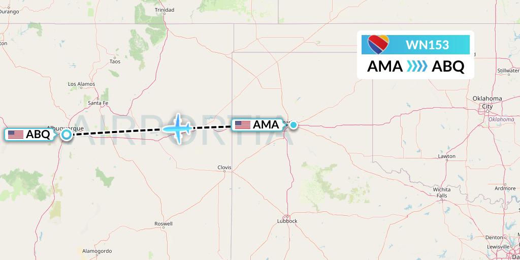 WN153 Southwest Airlines Flight Map: Amarillo to Albuquerque