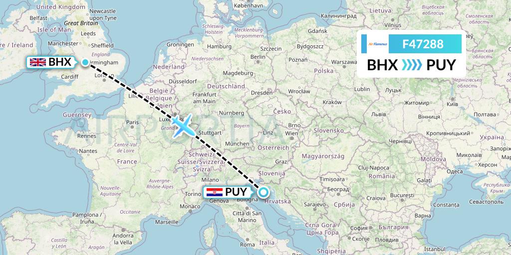 F47288 Air Flamenco Flight Map: Birmingham to Pula