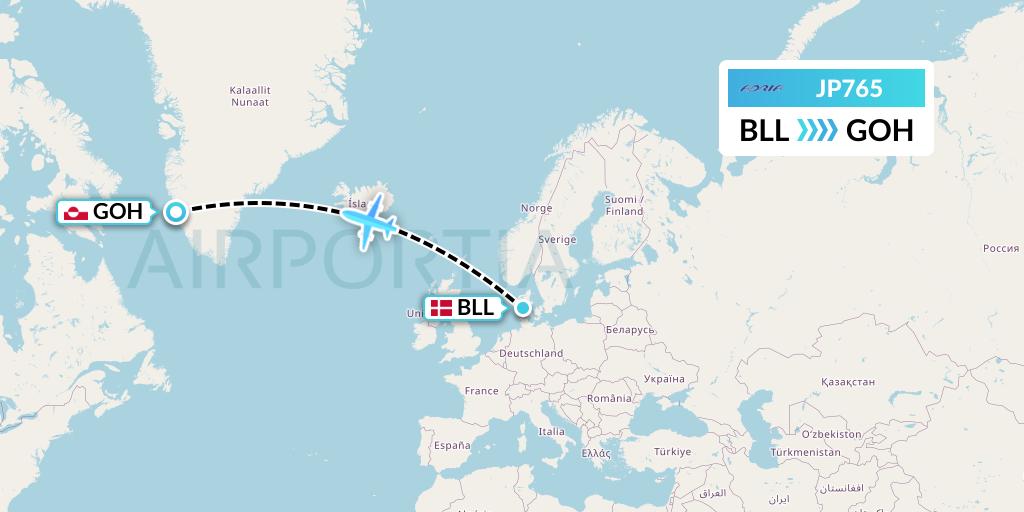 JP765 Adria Airways Flight Map: Billund to Nuuk