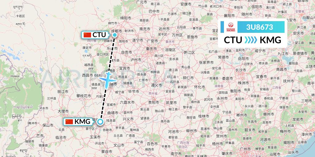 3U8673 Sichuan Airlines Flight Map: Chengdu to Kunming