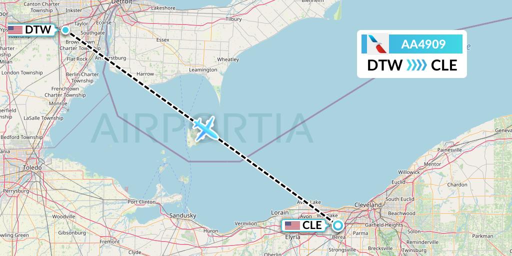 AA4909 American Airlines Flight Map: Detroit to Cleveland