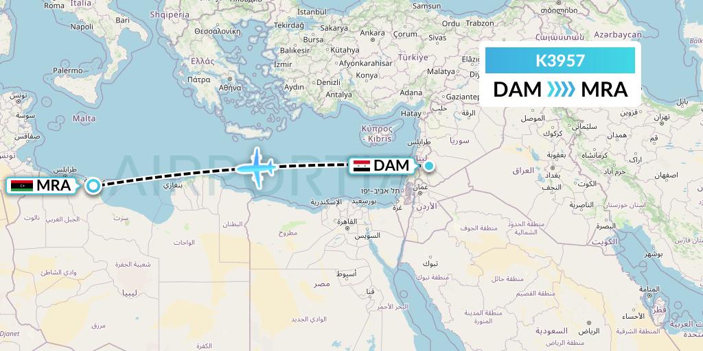 K3957 Taquan Air Flight Map: Damascus to Misrata