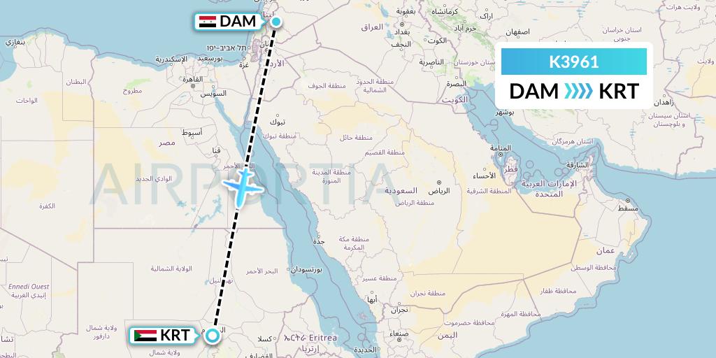 K3961 Taquan Air Flight Map: Damascus to Khartoum