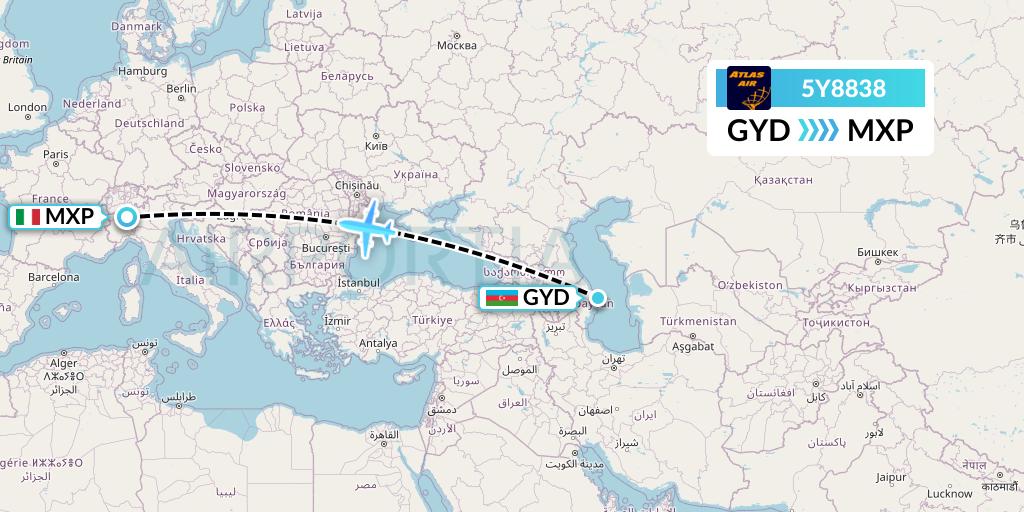 5Y8838 Atlas Air Flight Map: Baku to Milan