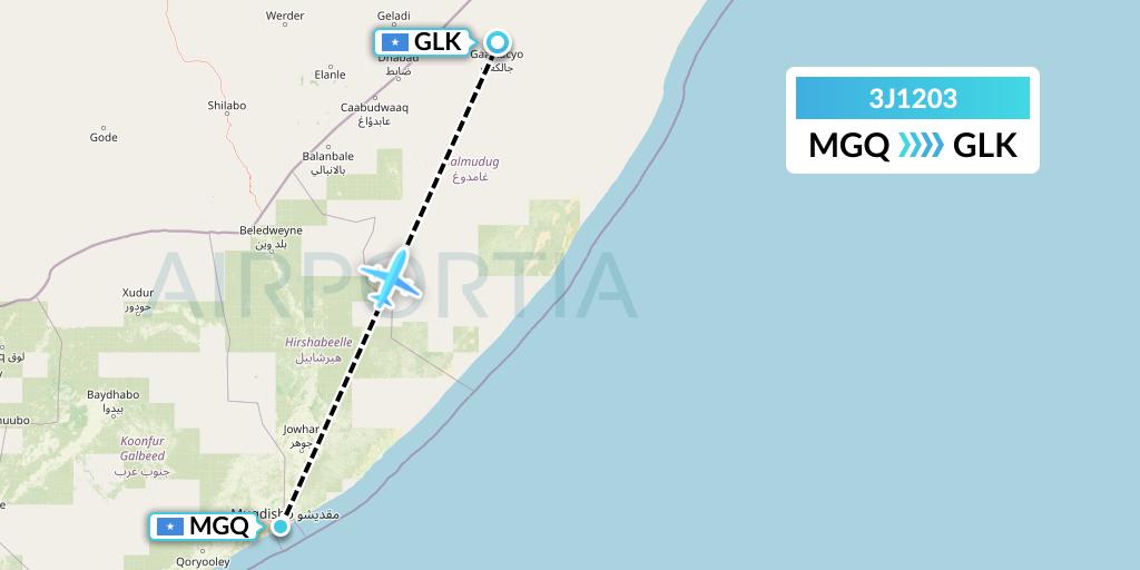 3J1203 Jubba Airways Flight Map: Mogadishu to Galcaio