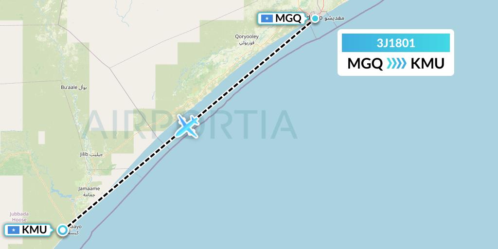 3J1801 Jubba Airways Flight Map: Mogadishu to Somalia