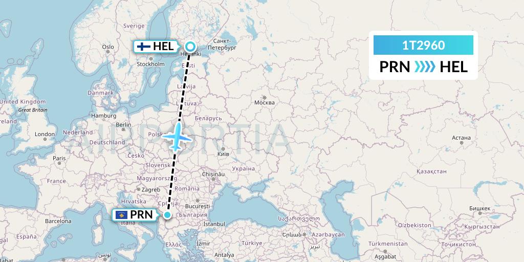 1T2960 Russian Sky Flight Map: Pristina to Helsinki