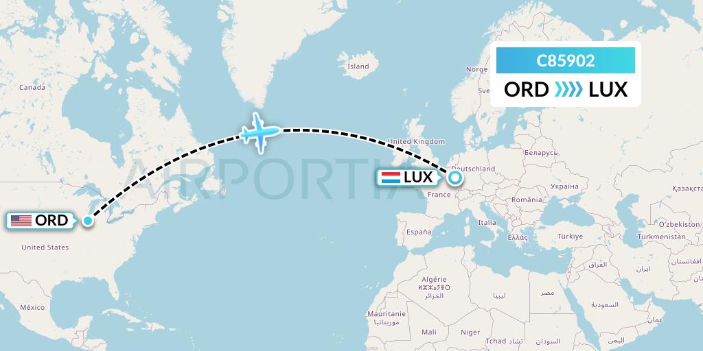 C85902 Cronos Airlines Flight Map: Chicago to Luxembourg