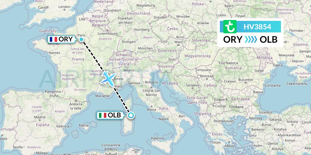 HV3854 Transavia Flight Map: Paris to Olbia