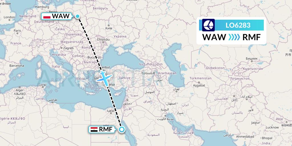 LO6283 LOT Flight Map: Warsaw to Marsa Alam