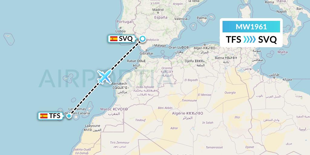 MW1961 Mokulele Flight Service Flight Map: Tenerife to Seville