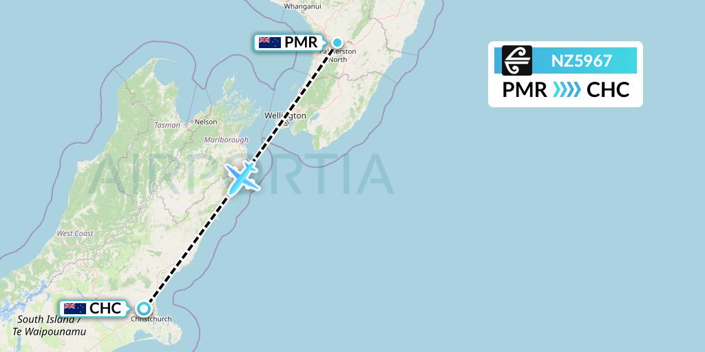 NZ5967 Air New Zealand Flight Map: Palmerston North to Christchurch
