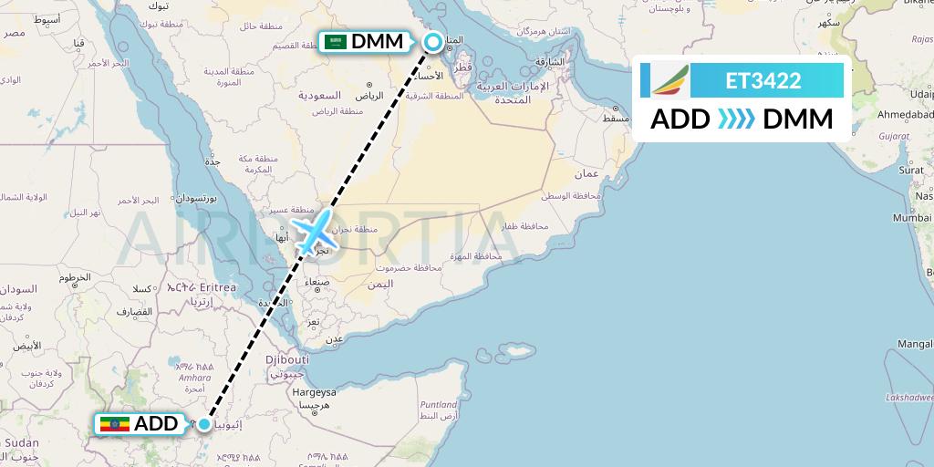 ET3422 Ethiopian Airlines Flight Map: Addis Ababa to Dammam
