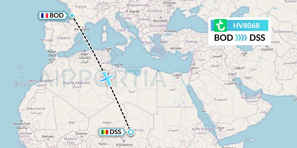 HV8068 Transavia Flight Map: Bordeaux to Dakar