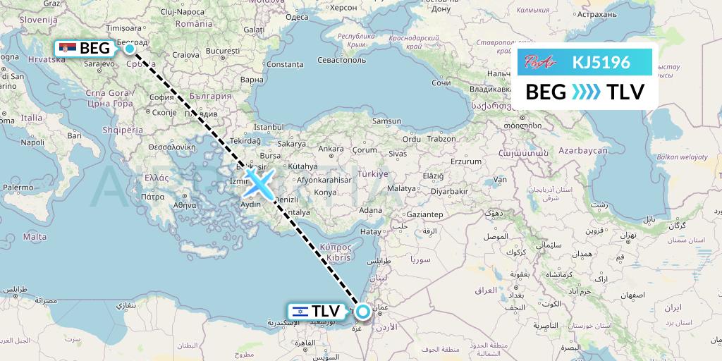 KJ5196 Air Incheon Flight Map: Belgrade to Tel Aviv