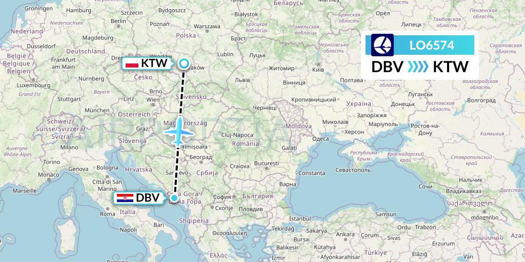 LO6574 LOT Flight Map: Dubrovnik to Katowice