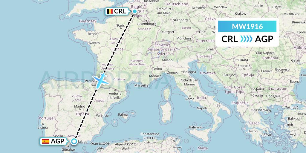MW1916 Mokulele Flight Service Flight Map: Brussels to Malaga