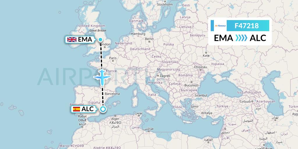 F47218 Air Flamenco Flight Map: East Midlands to Alicante