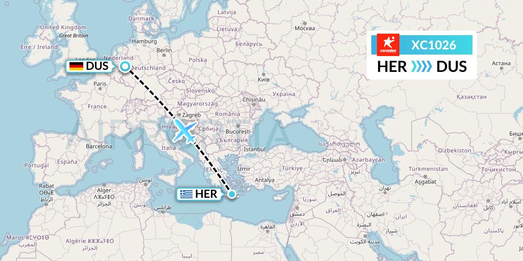 XC1026 Corendon Airlines Flight Map: Heraklion to Dusseldorf