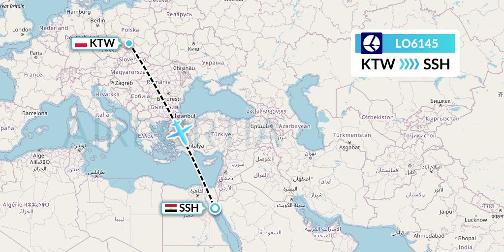 LO6145 LOT Flight Map: Katowice to Sharm el-Sheikh
