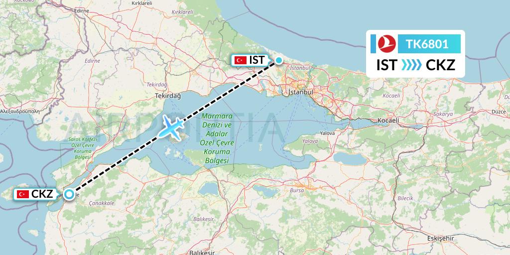 TK6801 Turkish Airlines Flight Map: Istanbul to Canakkale