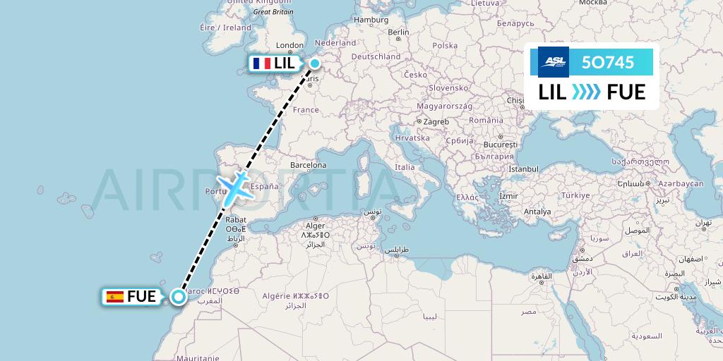 5O745 ASL Airlines France Flight Map: Lille to Fuerteventura