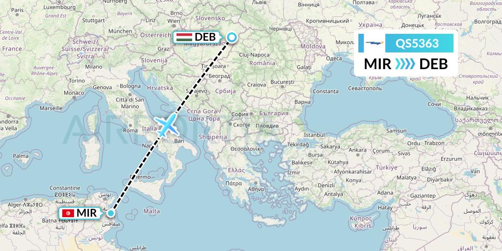 QS5363 Smartwings Flight Map: Monastir to Debrecen