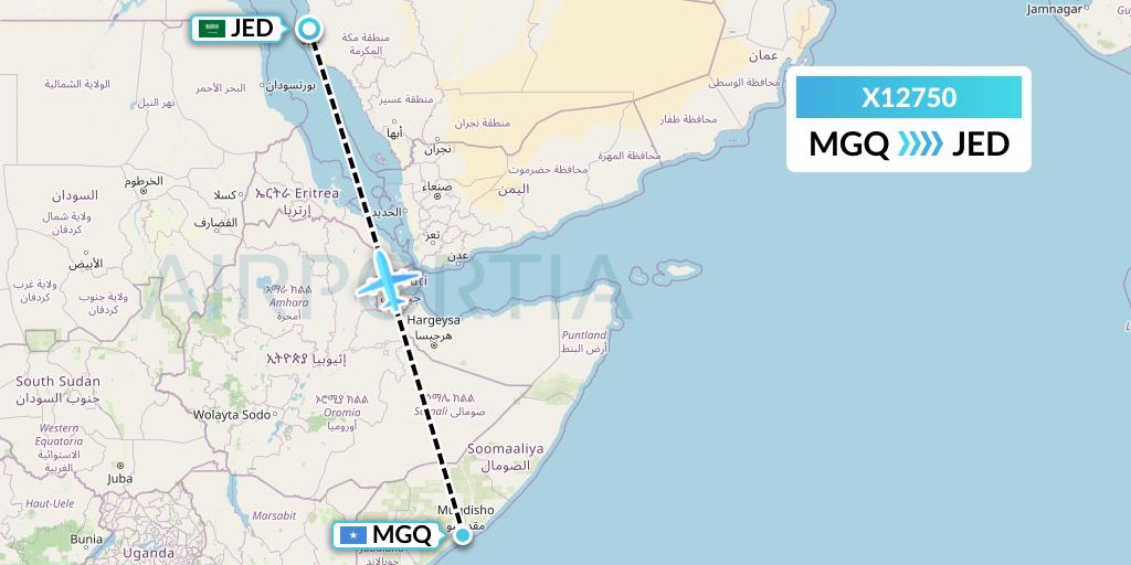 X12750 Nik Airways Flight Map: Mogadishu to Jeddah
