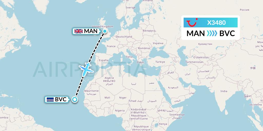 X3480 TUI fly Germany Flight Map: Manchester to Boa Vista