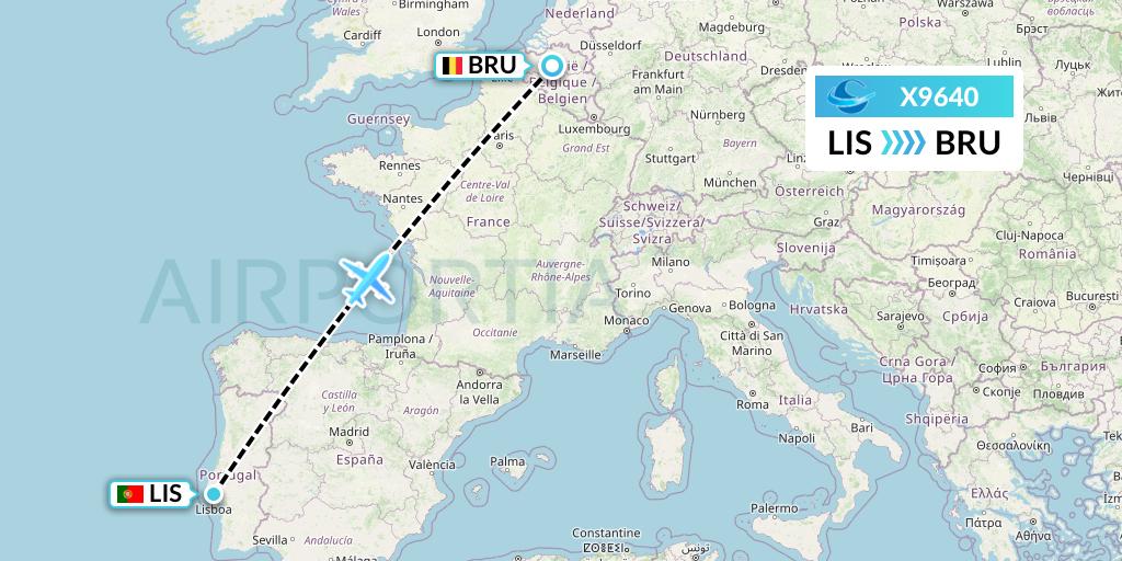 X9640 Avion Express Flight Map: Lisbon to Brussels