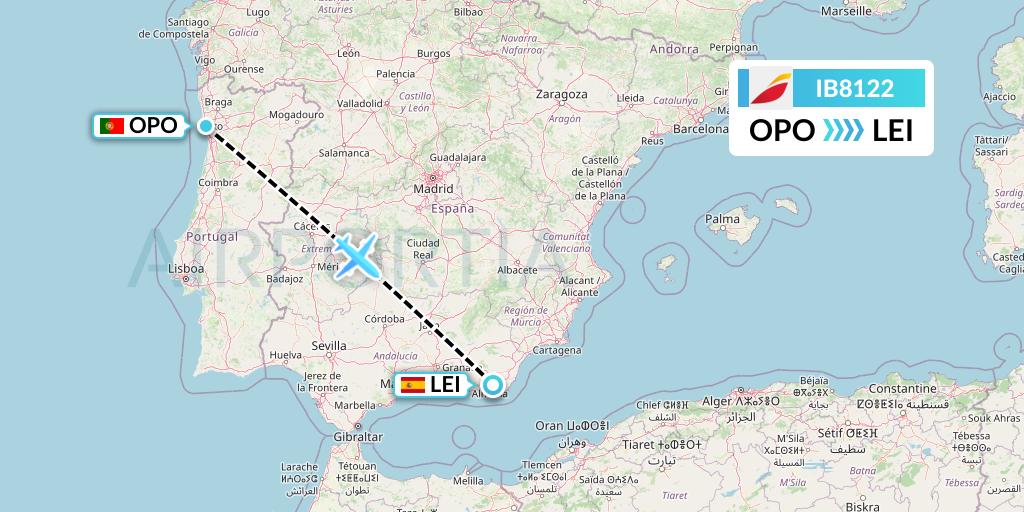 IB8122 Iberia Flight Map: Porto to Almeria